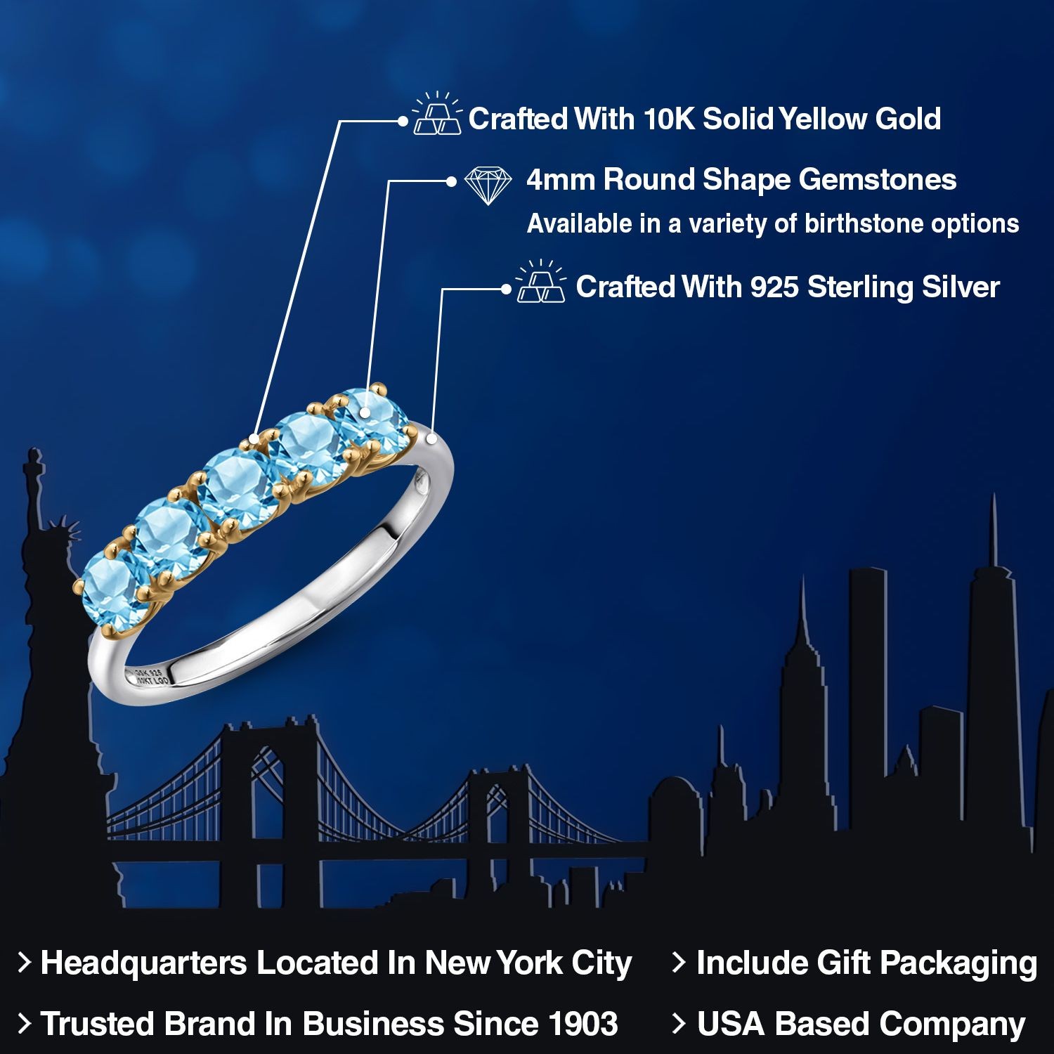 925 Silver and 10K Yellow Gold Swiss Blue Topaz Wedding-Bands Ring For Women |