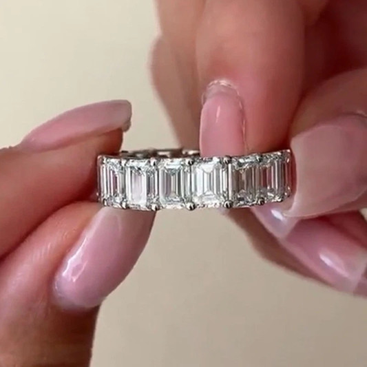 4.50Ctw Emerald Moissanite Full Eternity Wedding Band In 14k White Gold Plated