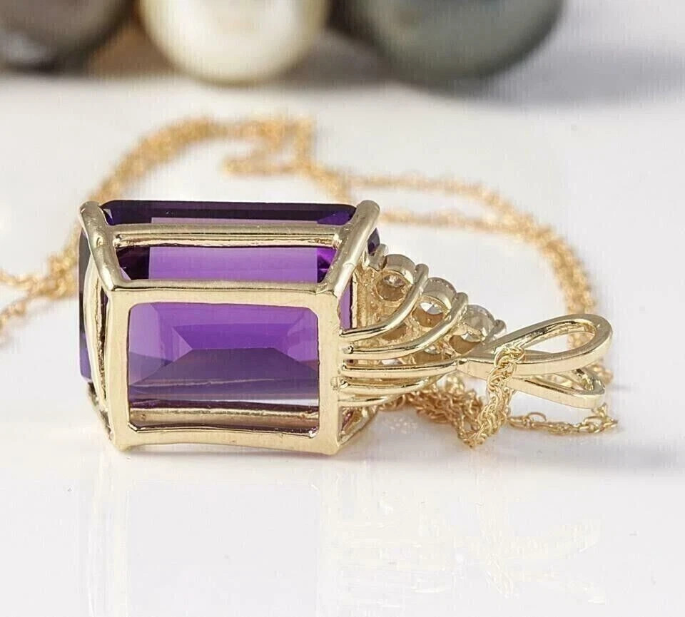 14k Yellow Gold Plated 2Ct Emerald Cut Simulated Amethyst Women’s Fancy Pendant