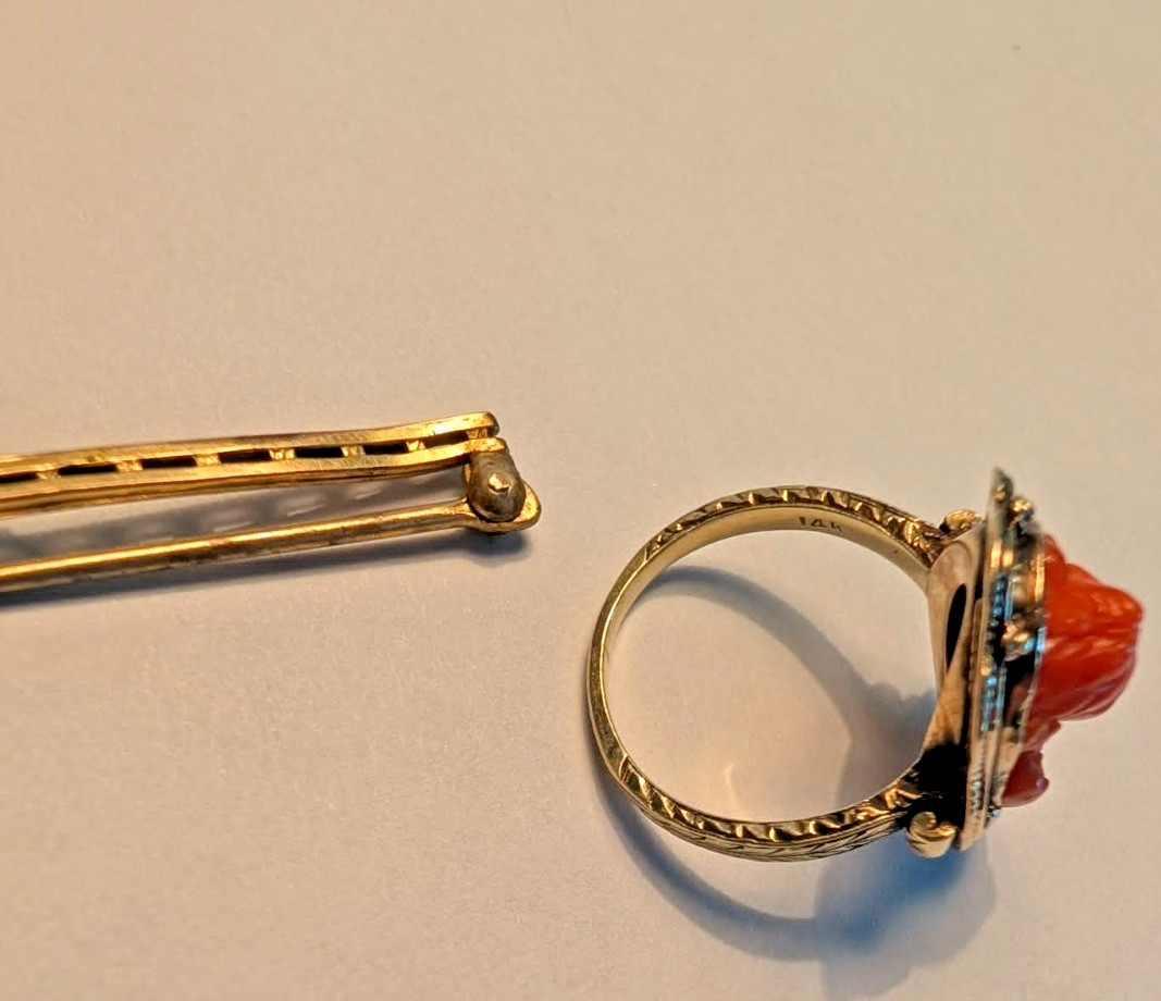 Antique Salmon-colored Coral Cameo 14K Ring and Victorian Stick Pin