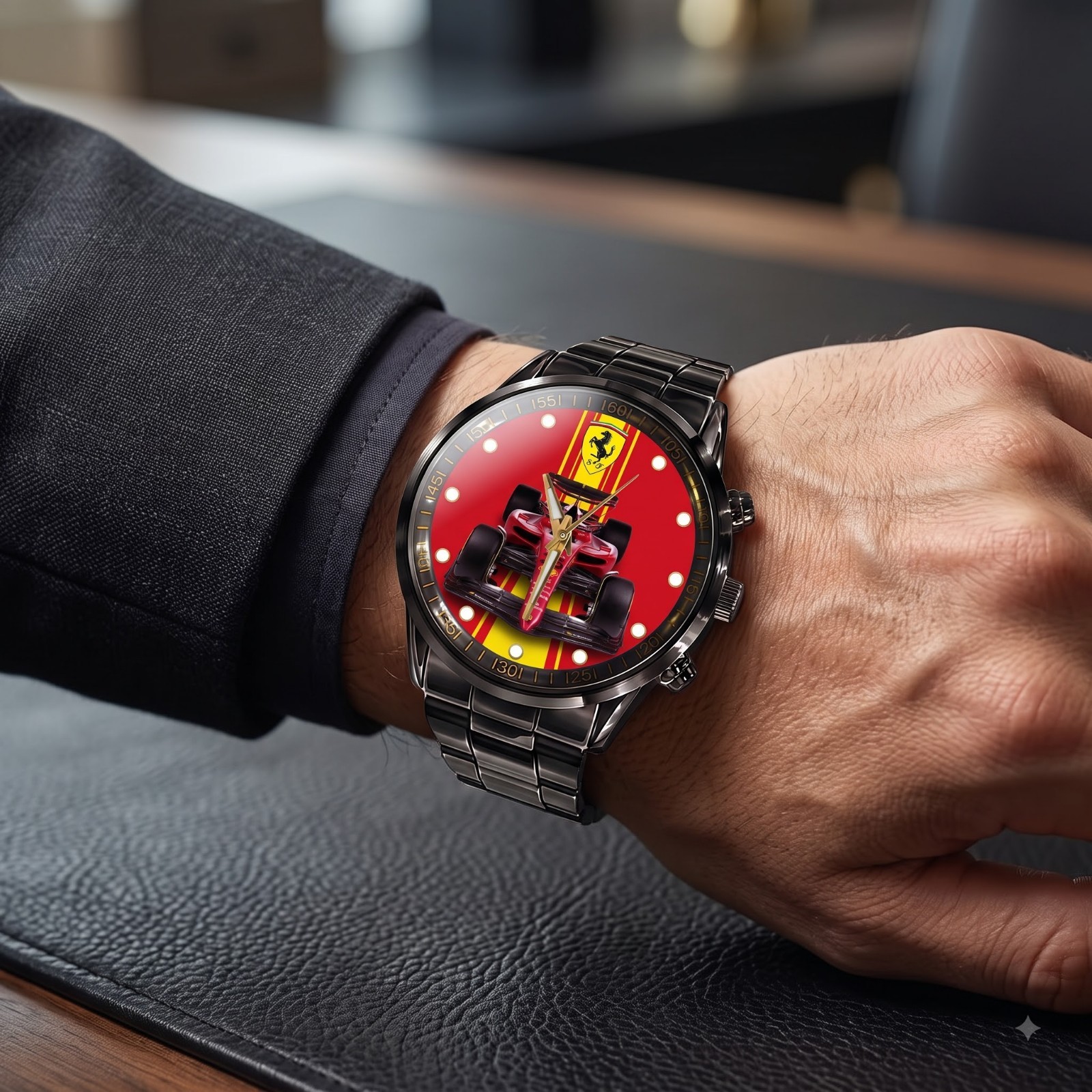 Ferrari Inspired Red Motorsport Watch Luxury Racing Black Stainless Steel Watch