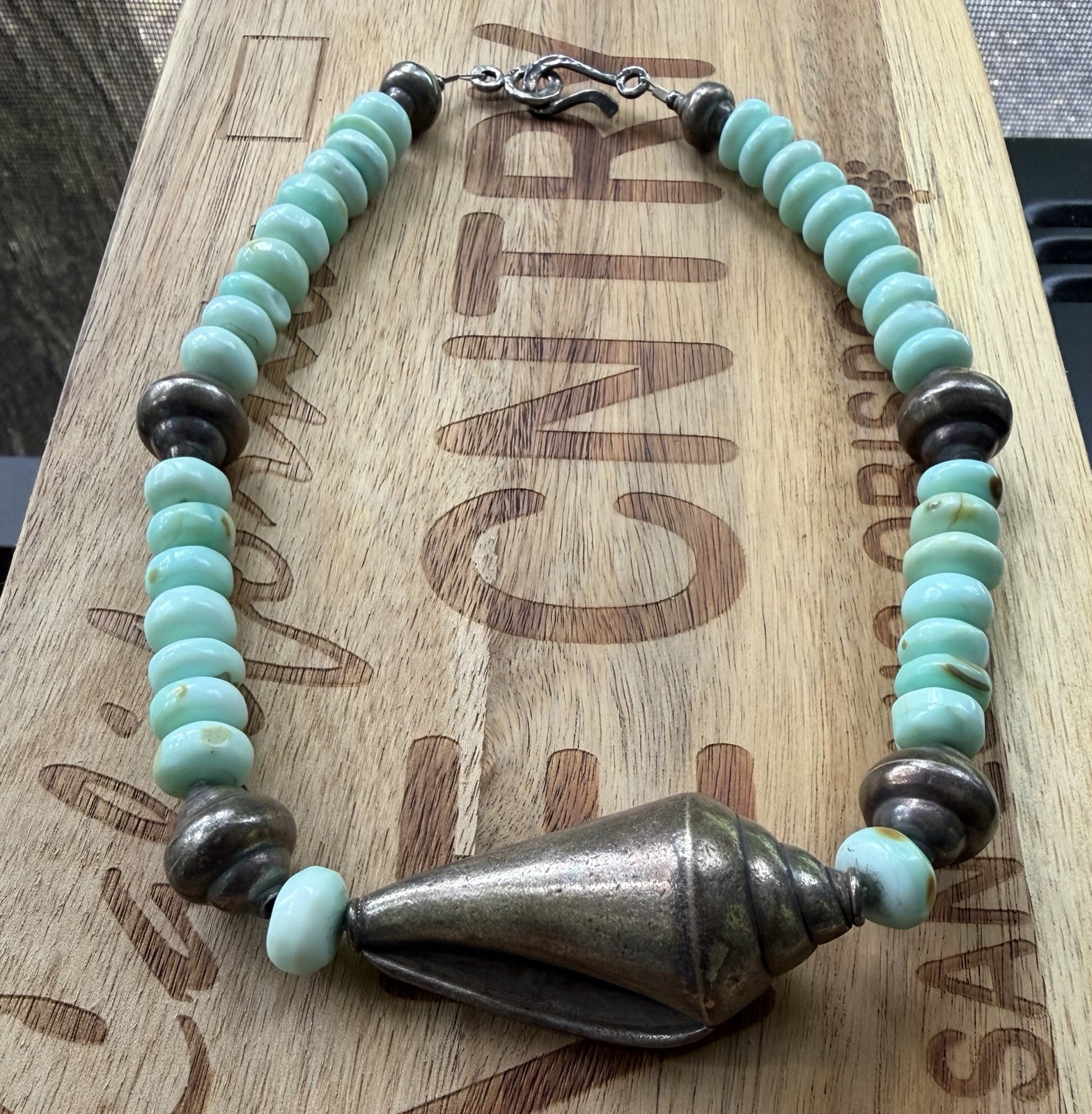 Peruvian Blue Opal Sterling Silver 925 Coastal Nautical Conch Shell Necklace