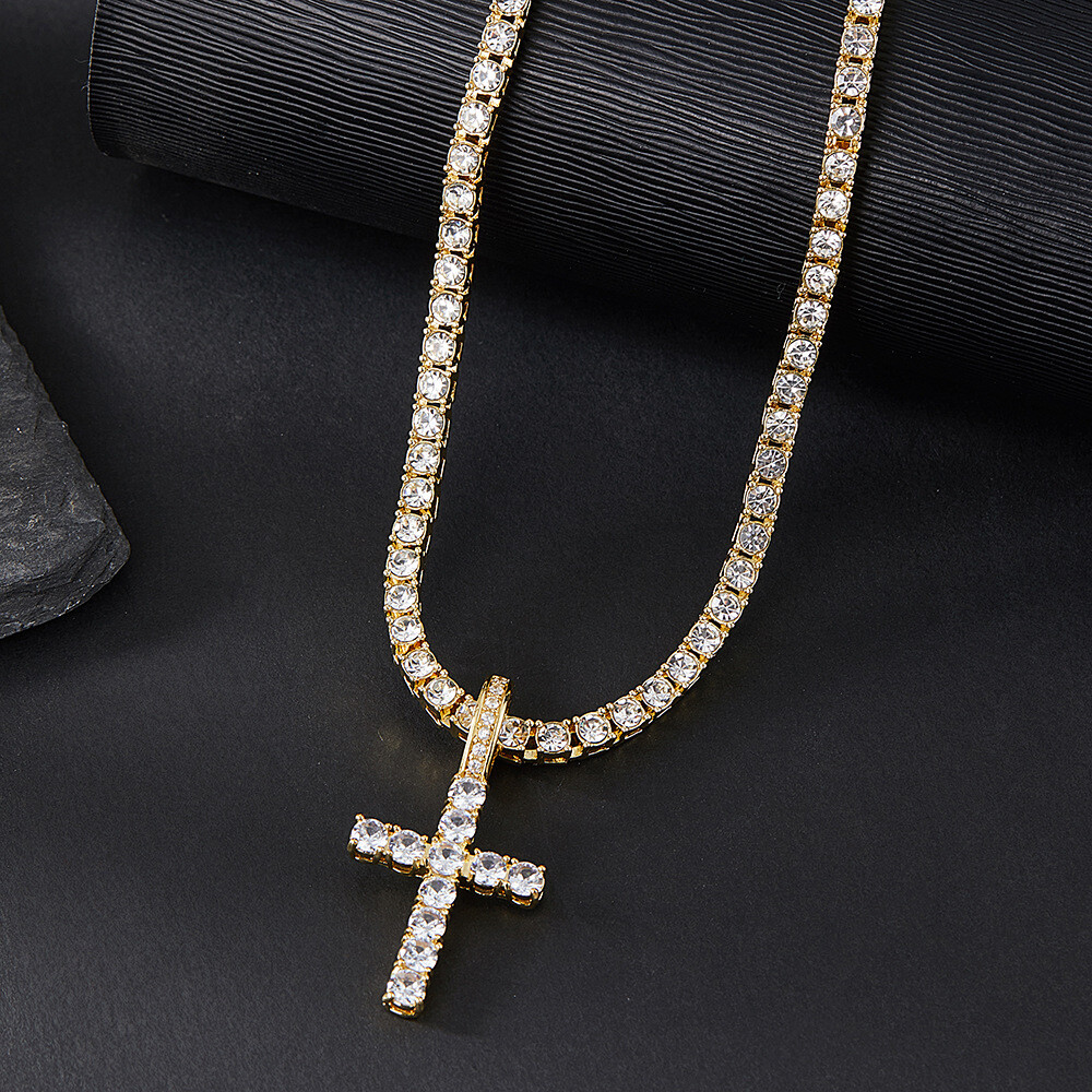 14k Gold Silver Plated Tennis Chain Choker ICED CZ Necklace with Cross Pendant