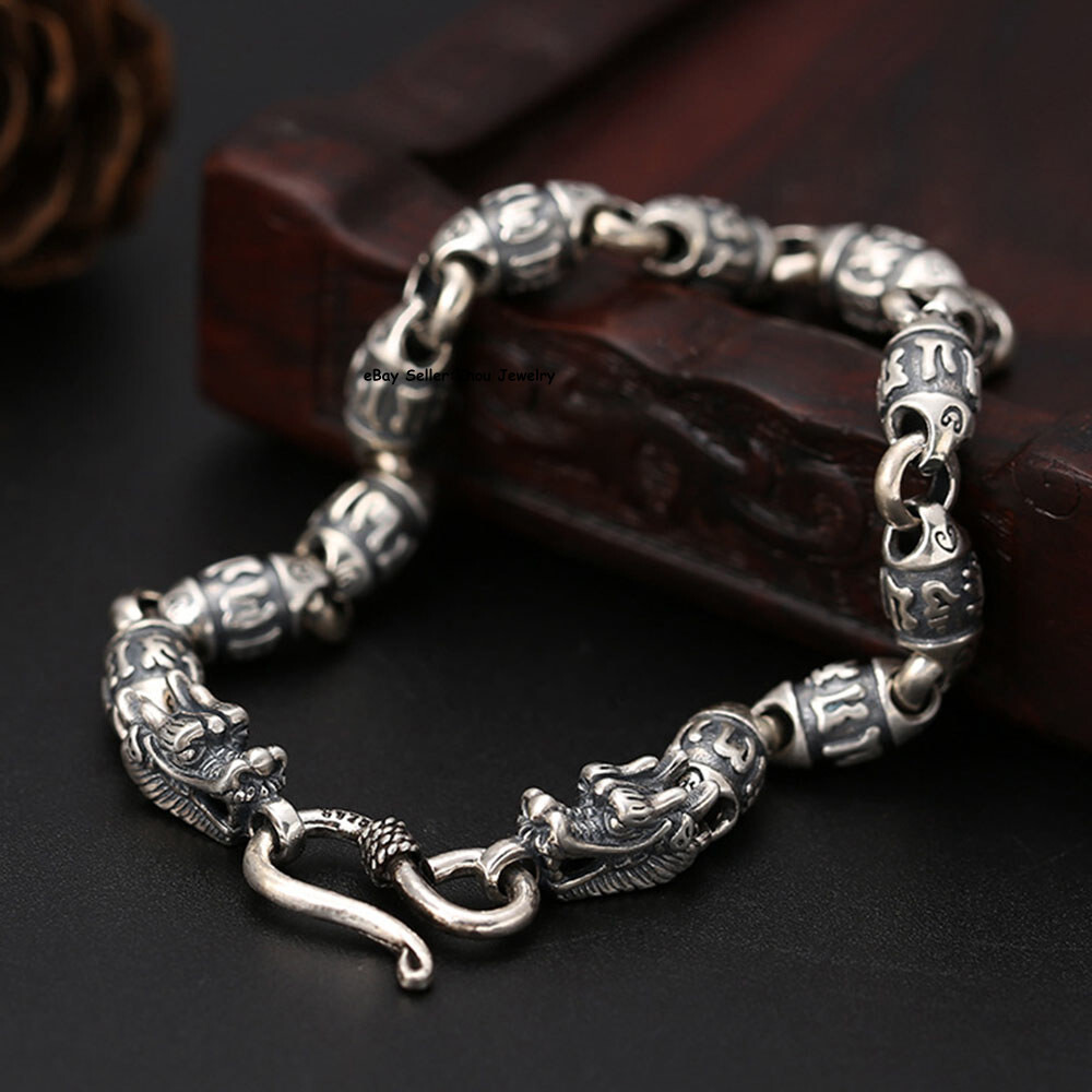 Pure S925 Sterling Silver Chain Dragon 6mm Coffee Beads Link Bracelet 7-8.3inch