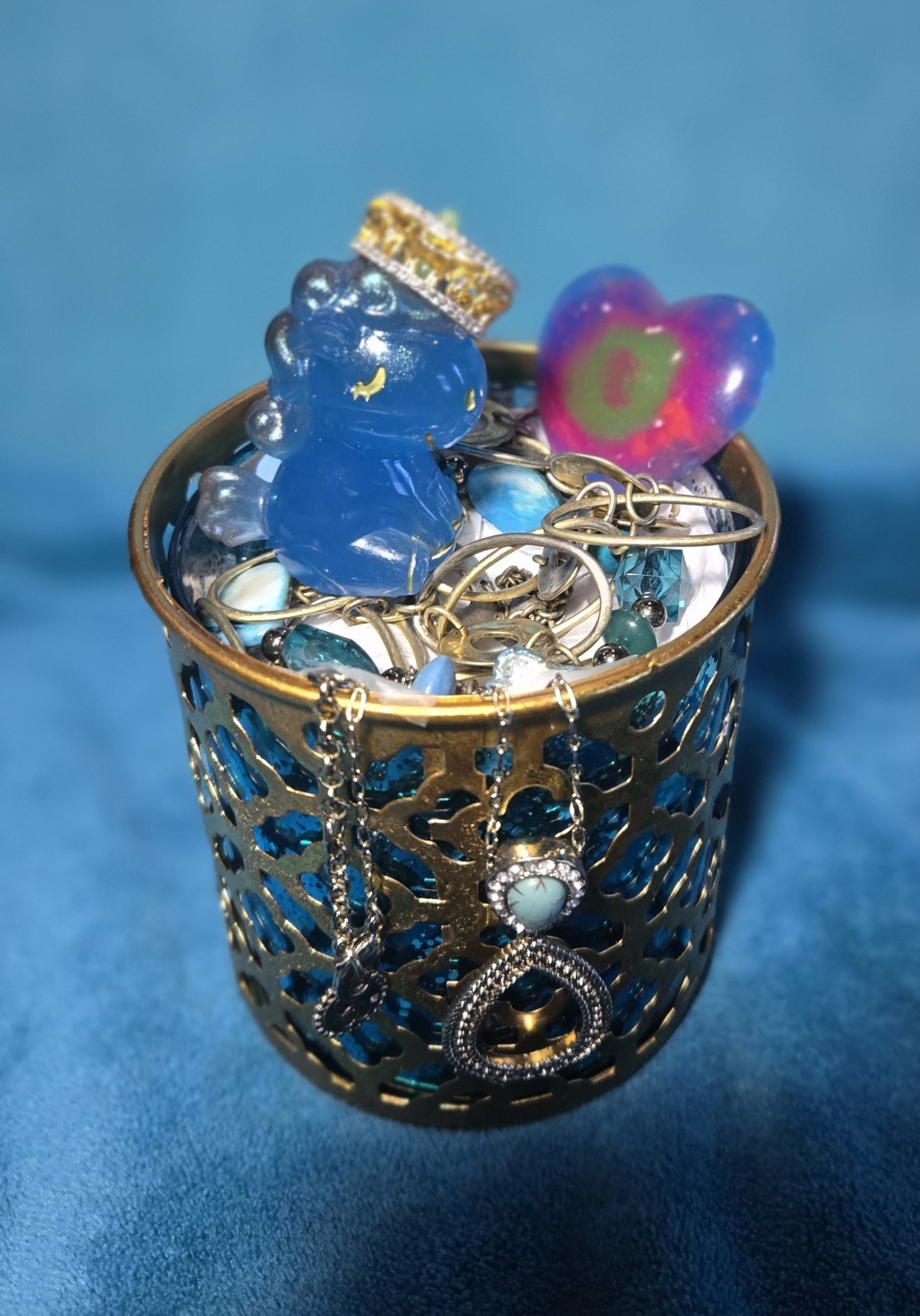 Boho Blue Mystery Jewelry Jar Lot 30 Pcs Britney Spears Necklace Vintage Glow