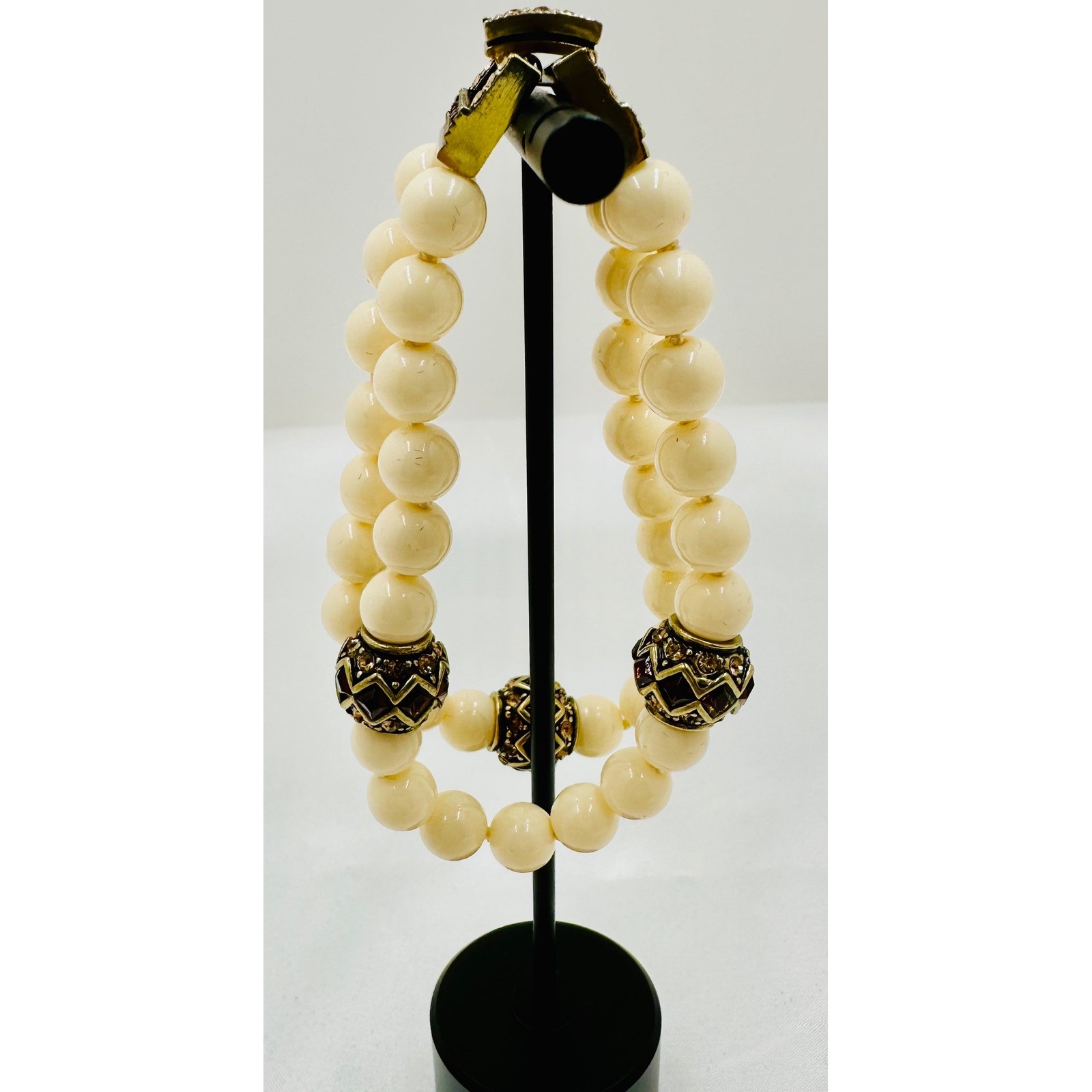 Heidi Daus Cream Faux Pearl Double Strand Bracelet Bronzetone Crystal Clasp 8in