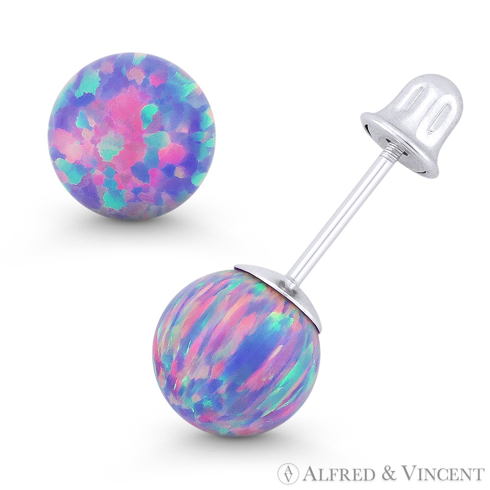Fiery Lavender Synthetic Opal Round 14k White Gold Screwback Ball Stud Earrings