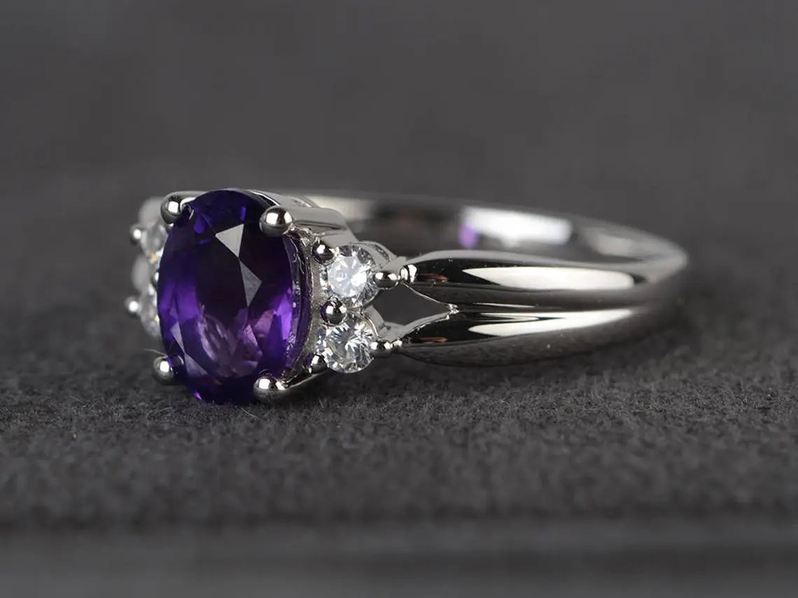 2CT Oval Amethyst Gemstone 925 Silver Plated Dainty Ring Duty Free