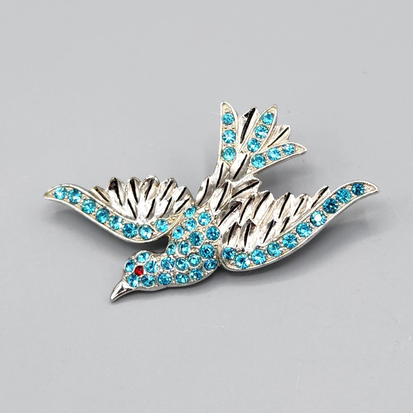 Vintage Retro Ora Signed Figural Blue Rhinestone Rhodium Plate Bird Brooch