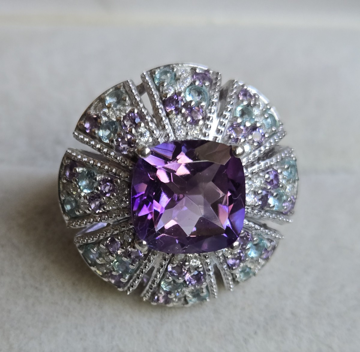 Moroccan Amethyst-Apatite-Moissanite Floral Ring – Rhodium Sterling 5.85ctw Sz 5