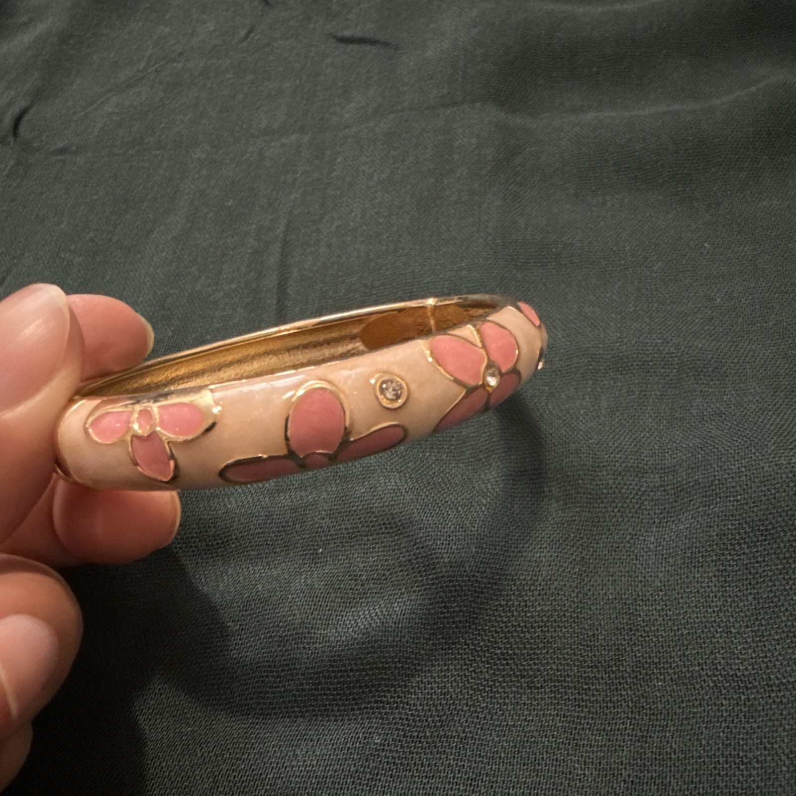 Pink Gold Enamel Flower Bangle Bracelet with Clear Round Crystal Accents