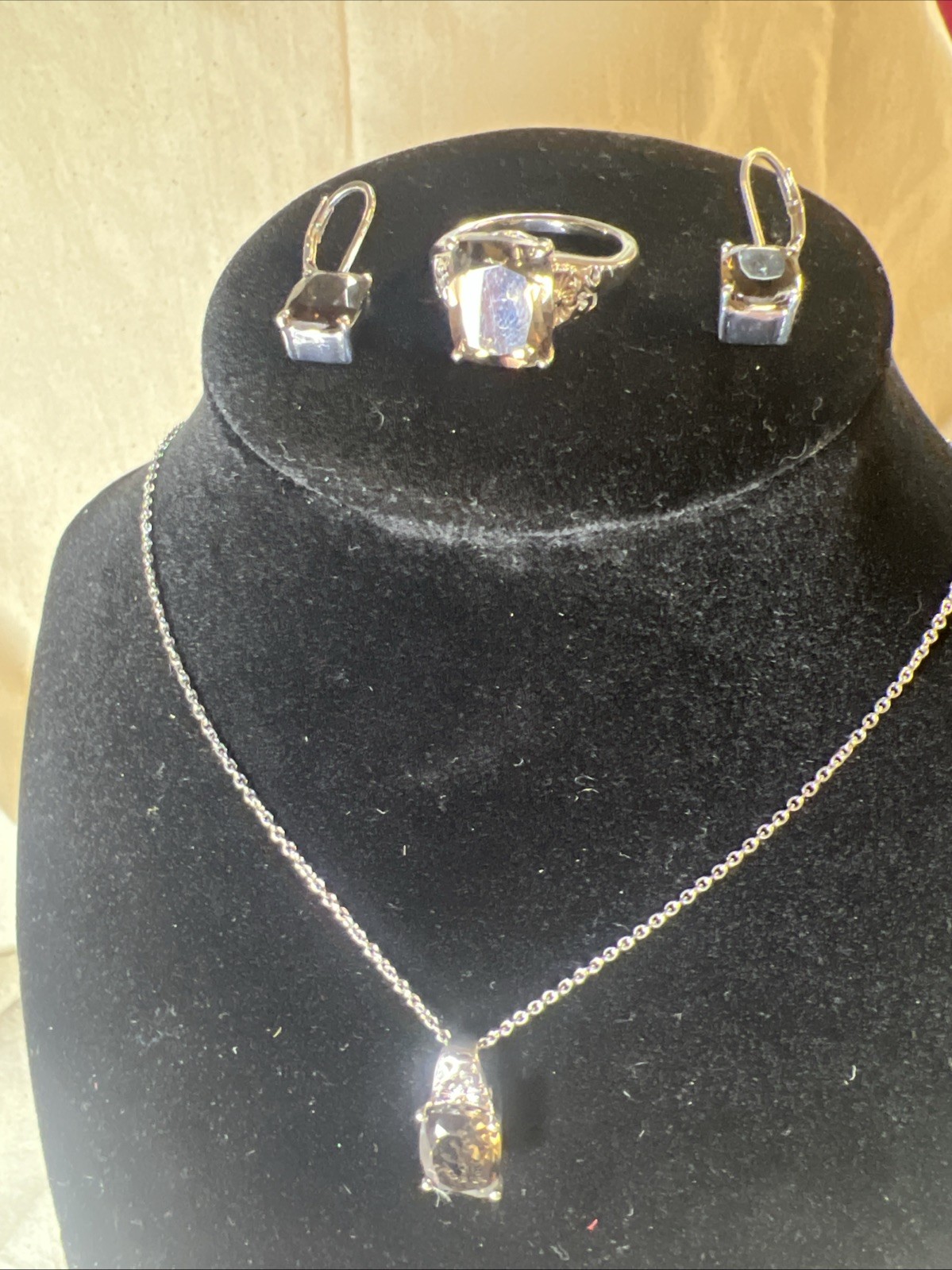Brazilian Smokey Quartz Earrings, Ring, And Pendant Necklace 15.10 ctw #36
