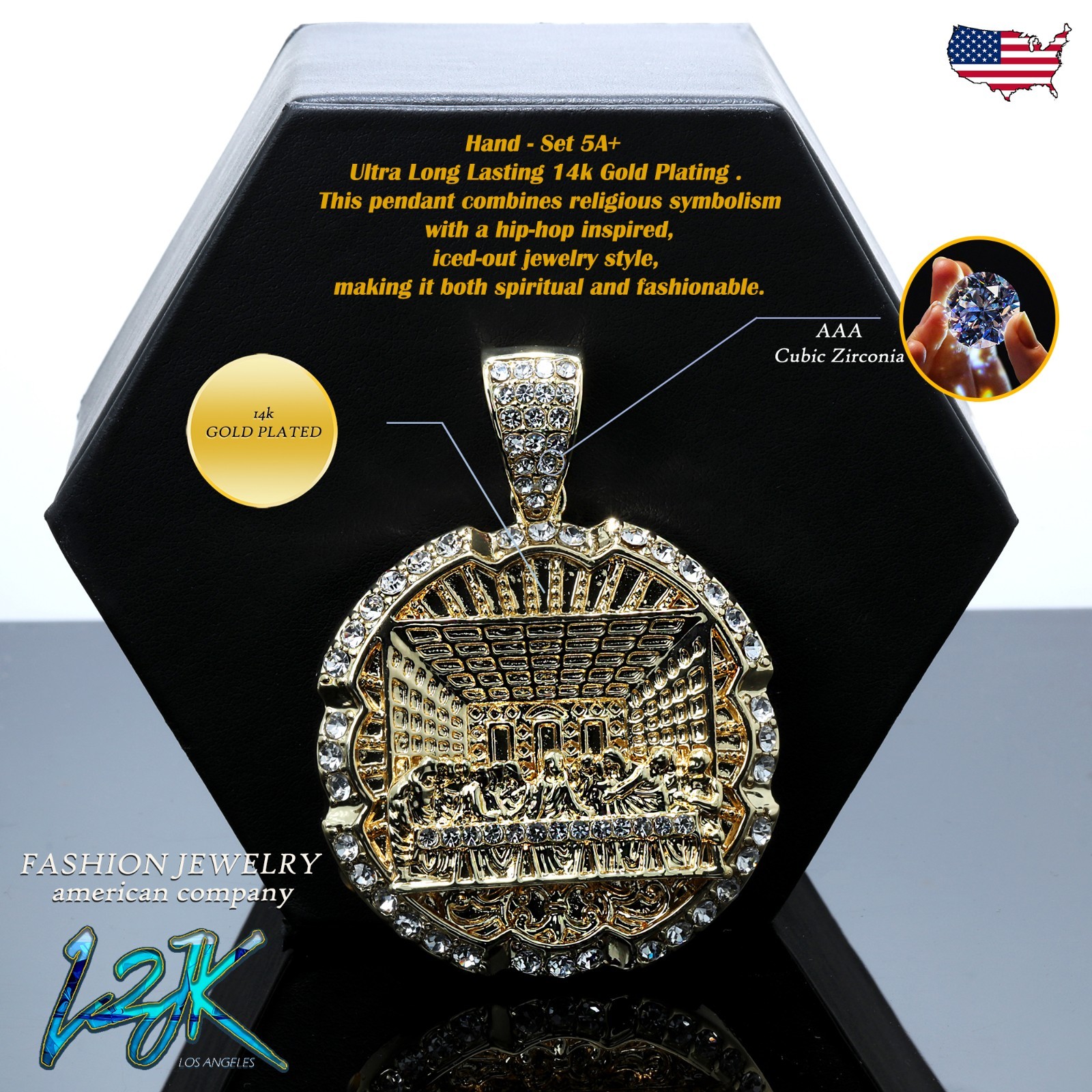 XL Last Supper Pendant Cubic Zirconia Iced Cuban Necklace Chain 14k Gold Plated