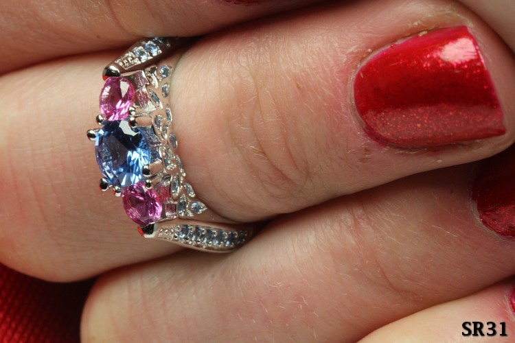 Baby Pink CZ & Aquamarine Engagement Ring 925 Sterling Silver Promise Ring