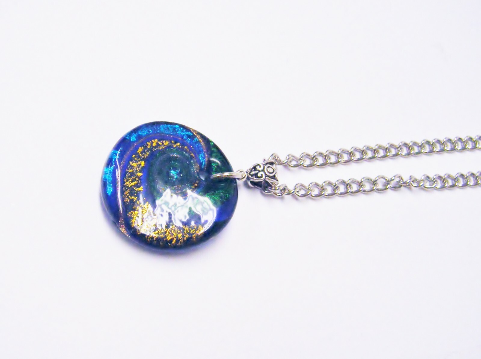 Round Green/Blue/Black & Gold Swirl Pendant Necklace