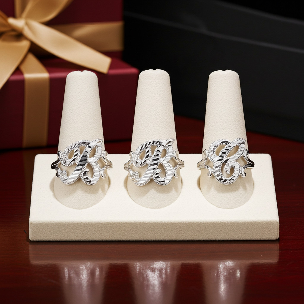 Elegant Sterling Silver Sparkle-Cut Cursive Letter Initial Script Ring for Women
