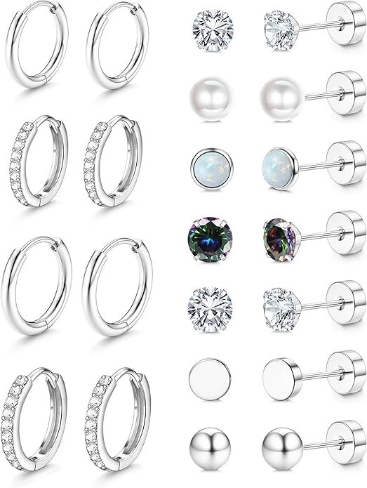 Surgical Stainless Steel Flat Back Stud Earrings Set Silver Small Huggie Hoop
