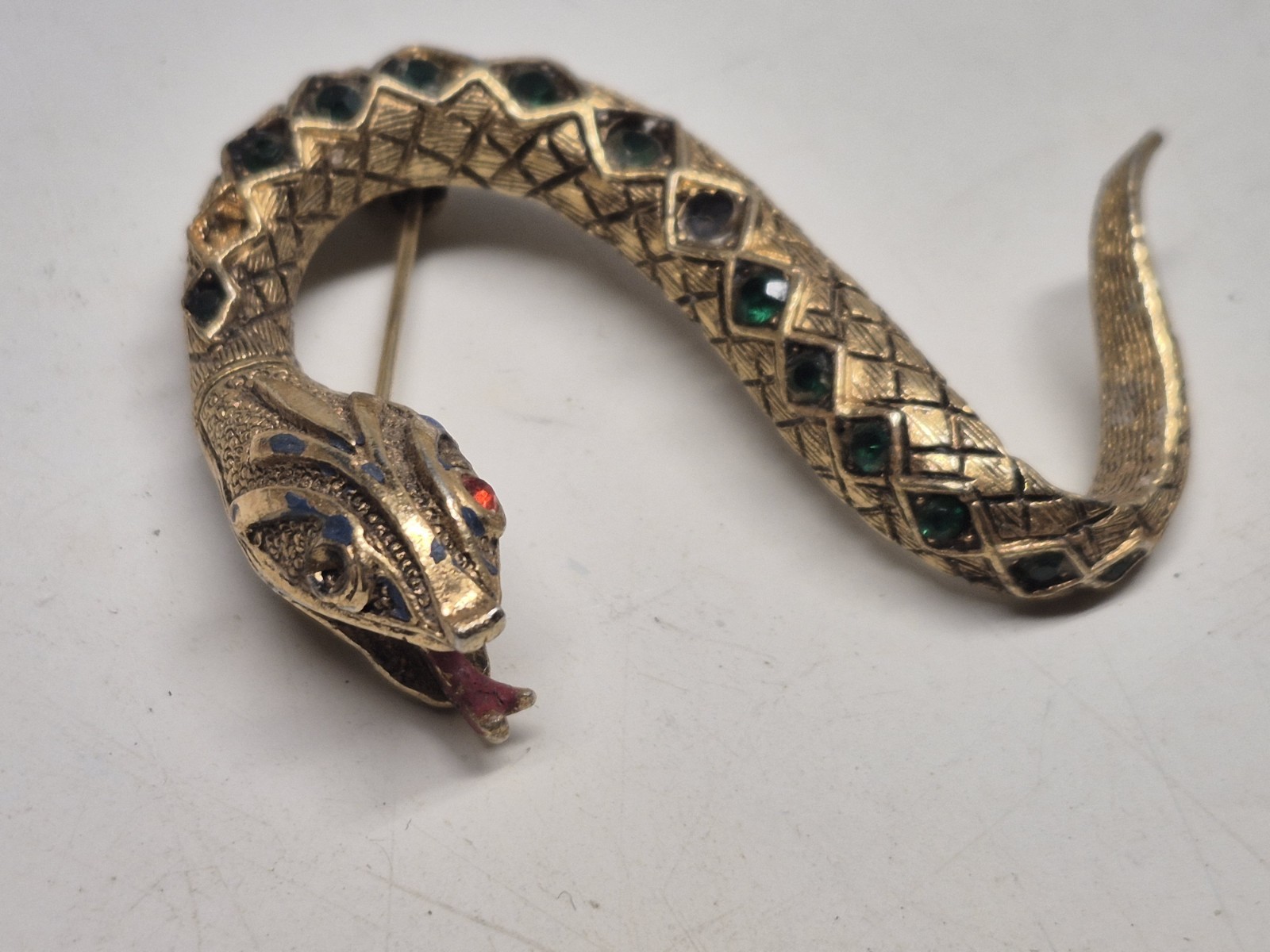 VTG Author Pepper Snake Brooch Pin Gold Whitewashed Snake Red Green Rhinestones