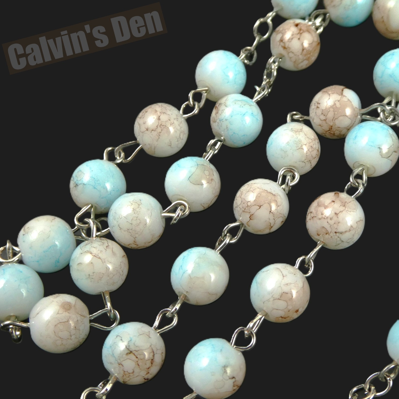 Mary with Crown of 12 Stars Crucifix Cross Rosary Marbled Light-Blue Bead Gift
