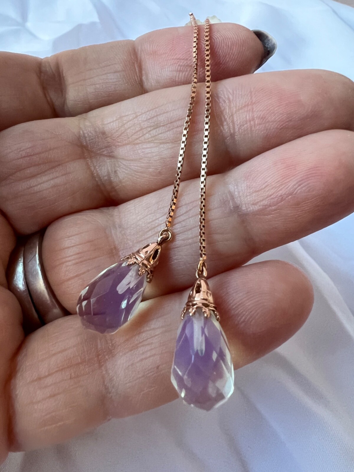14K PINK ROSE GOLD MOONSTONE THREADER PULL THROUGH CHAIN DANGLE DROP EARRINGS