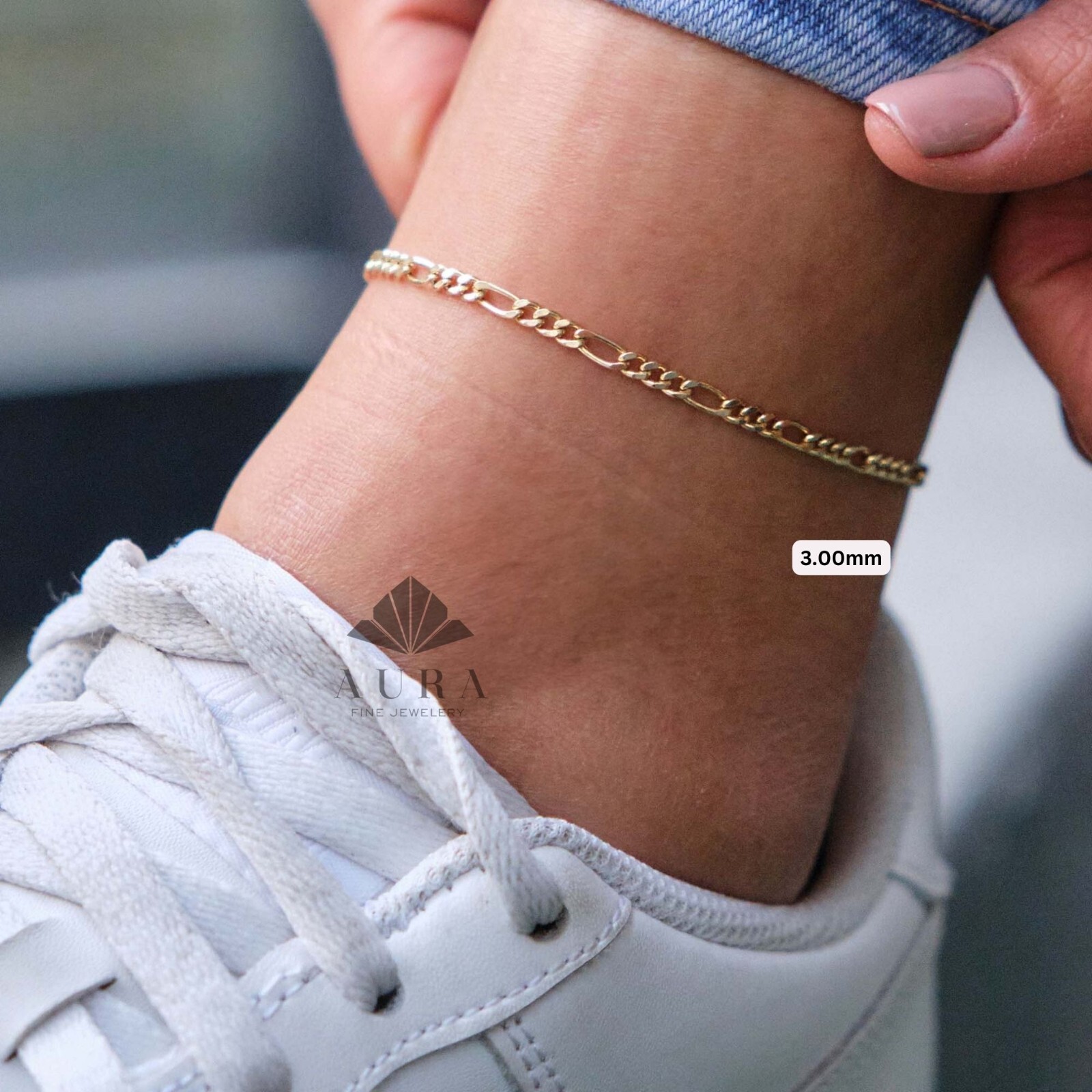 14K Gold Figaro Chain Anklet, 2mm 3mm 4mm 5mm Genuine Gold Chain Anklets, Gold
