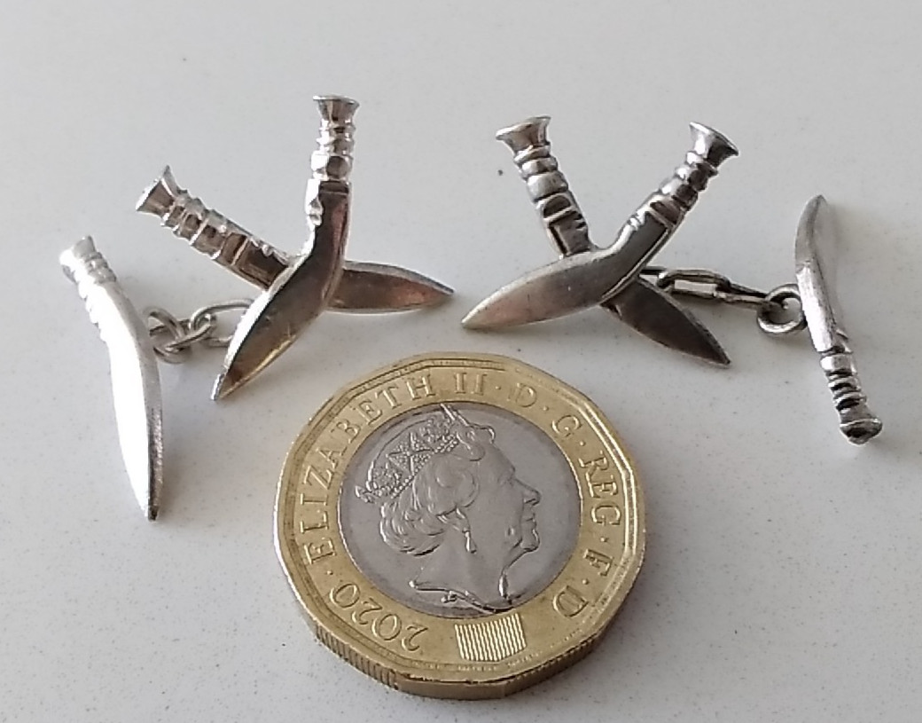 Solid Silver Gurkha Kukri Cufflinks, chain-link British Army Regiment Nepali