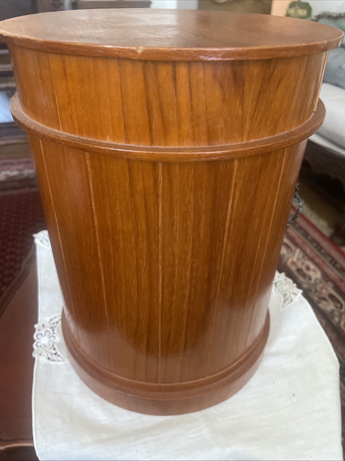 MCM round Wooden jewelry chest table top armoire W/ 5 Drawers And Mirror