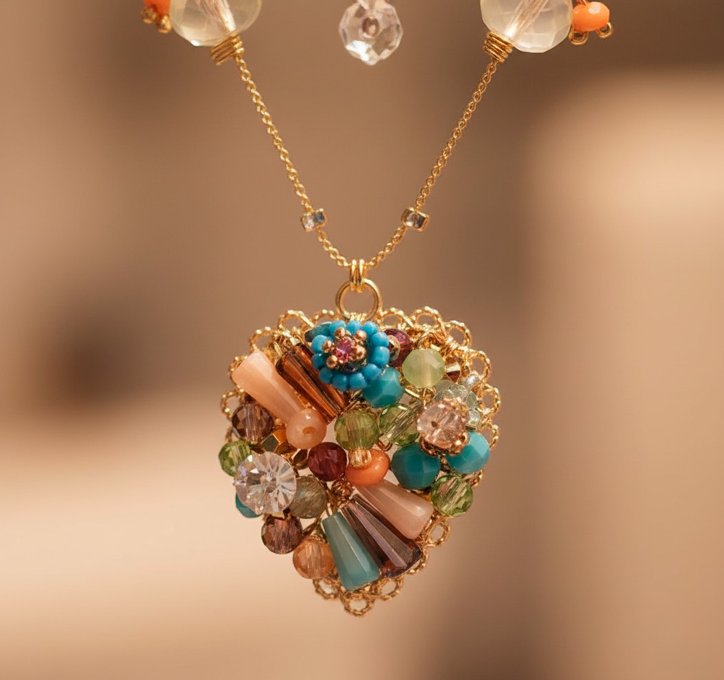 Betsey Johnson Layered Beaded Heart Necklace, Multicolor Boho Statement Jewelry