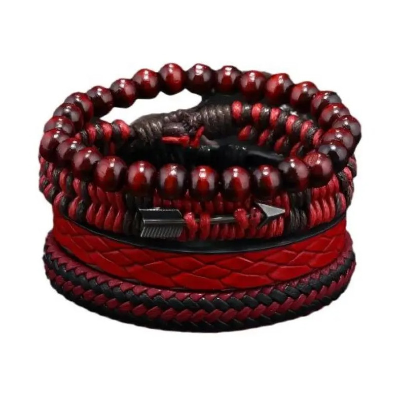 4 pcs Vintage Men’s Leather Bracelet Wooden Beads Cupid Arrow Hand Woven