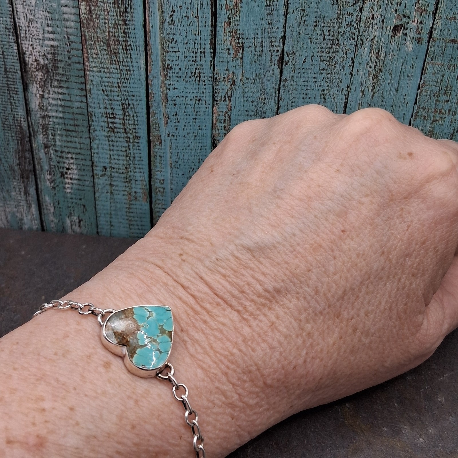Number 8 Turquoise Bracelet Heart Sterling Silver Adjustable 5-7 Southwestern