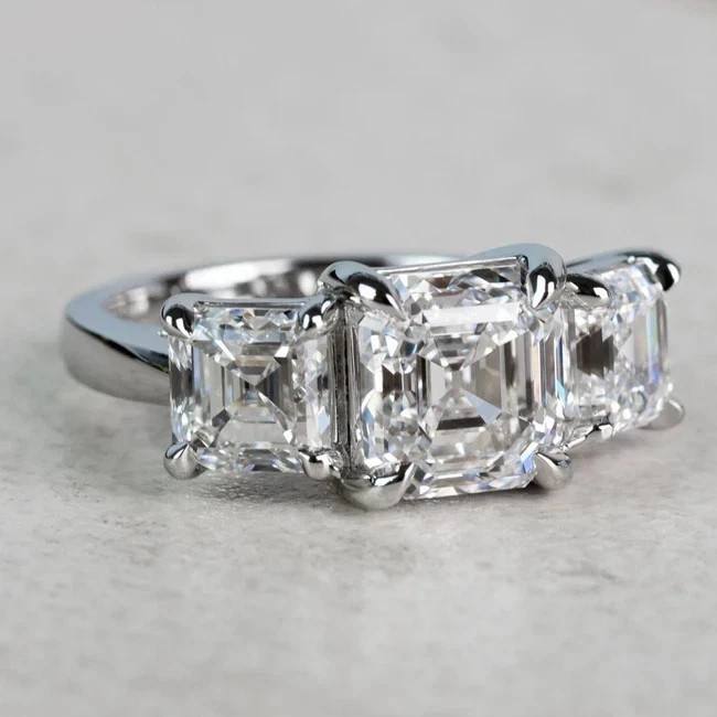 4.00Ct Asscher F-VS1 Lab Grown Diamond Three Stone Wedding Ring 14K White Gold