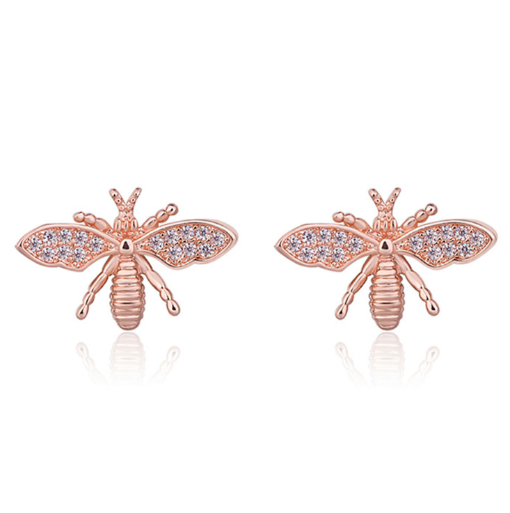 18K Rose Gold Round Cut Crystal Push Back Honey Bee Stud Earrings Gift Box H12