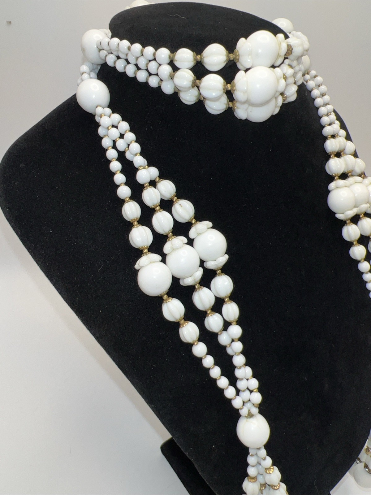 1930s 40s Milk Glass Lariat Necklace Rhinestone Multi Strand Art Deco 34”
