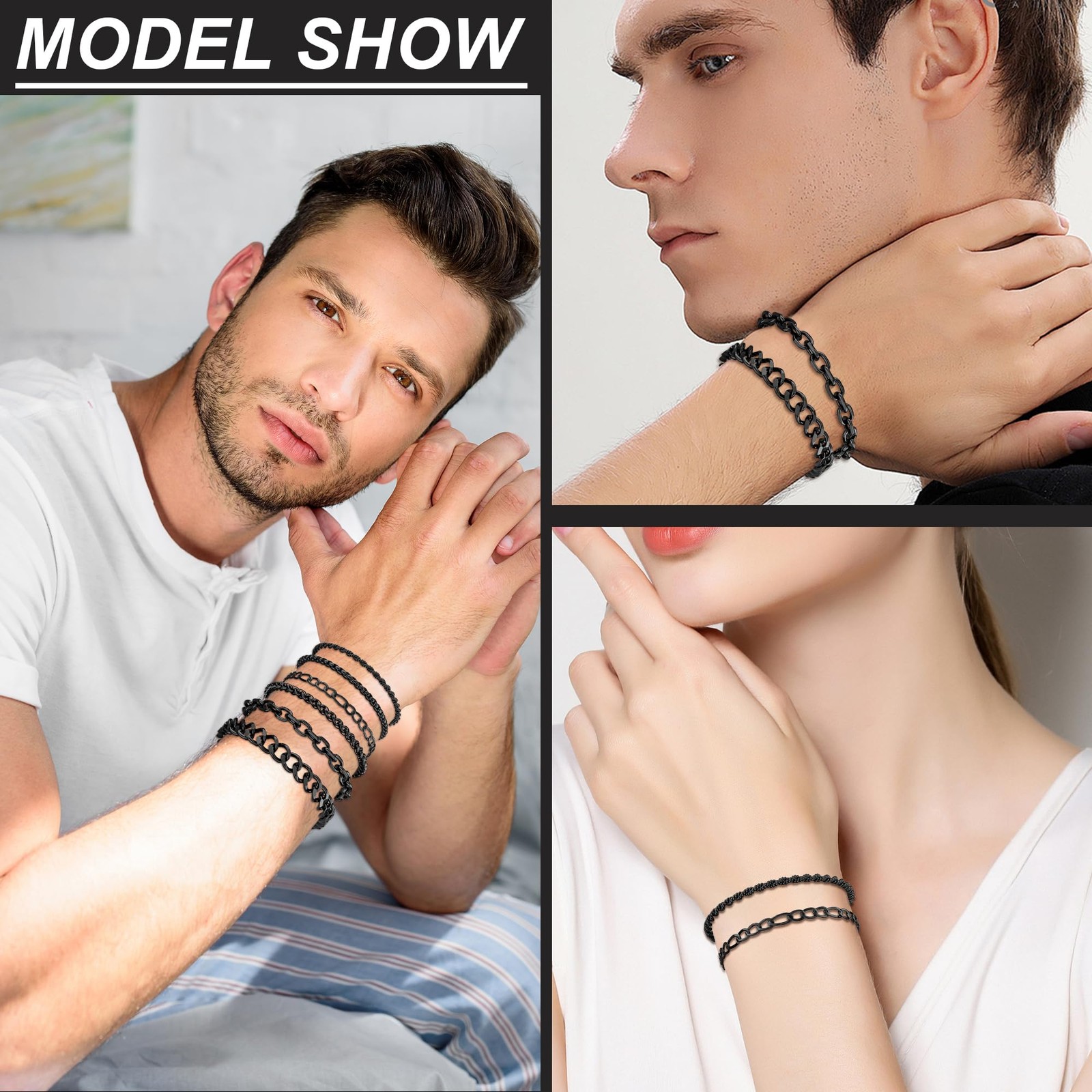 6PCS Stainless Steel Bracelets for Men, Silver Gold Black Sturdy Cuban Link B…