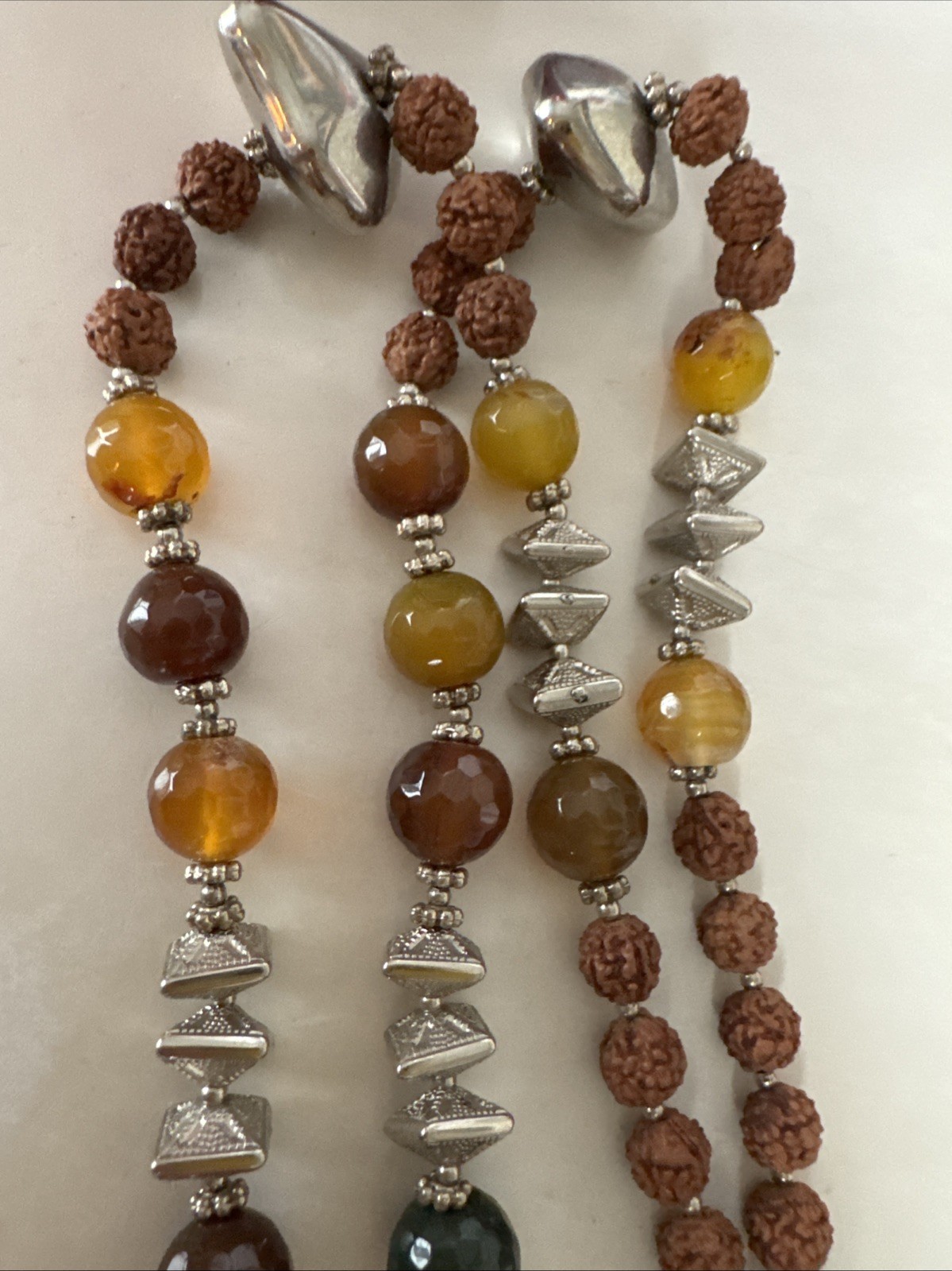 Nepali Rudraksha Rudraksh Agate Necklace w Silver Beads Amulet & Yellow Tassel