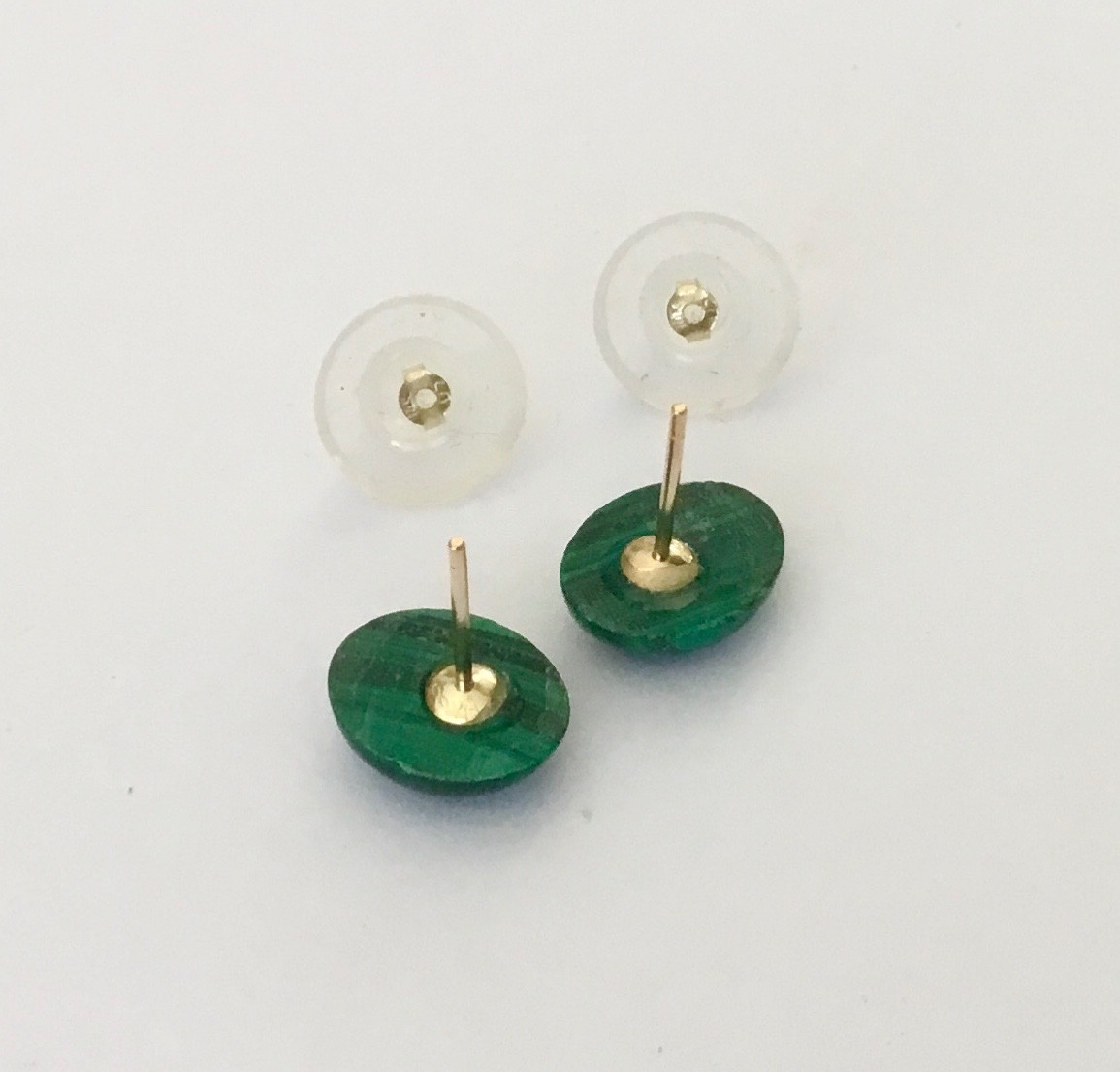 Genuine Natural Malachite Cabochon In Solid 14K Gold Stud Earrings NEW