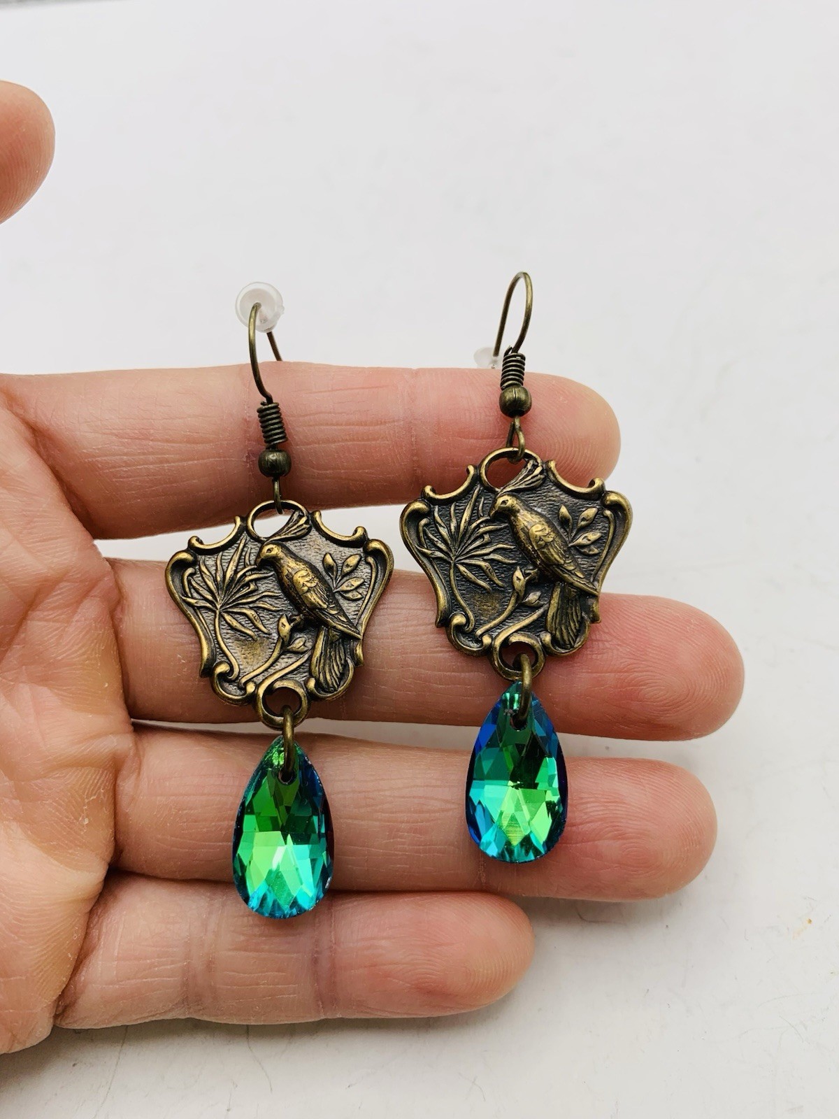Vintage Style Bronze Art Nouveau Enchanted Bird Rainbow Blue AB Hook Earrings