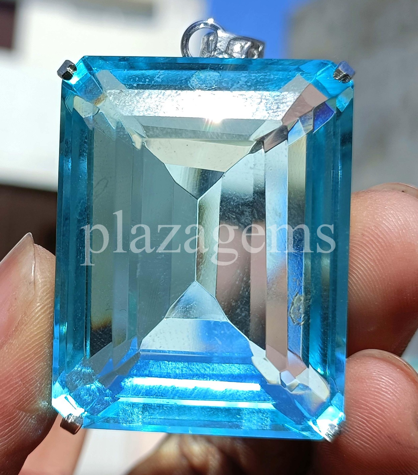 240 Ct Natural Sky-Blue Aquamarine Emerald Cut EGL Pendant 925 Silver Chain 6MGU