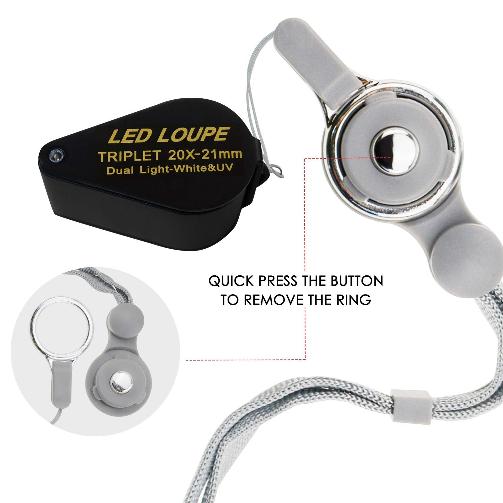 20x Magnifier Loupe with LED UV Light – 21mm Triplet Lens Optical Glass, Pocket