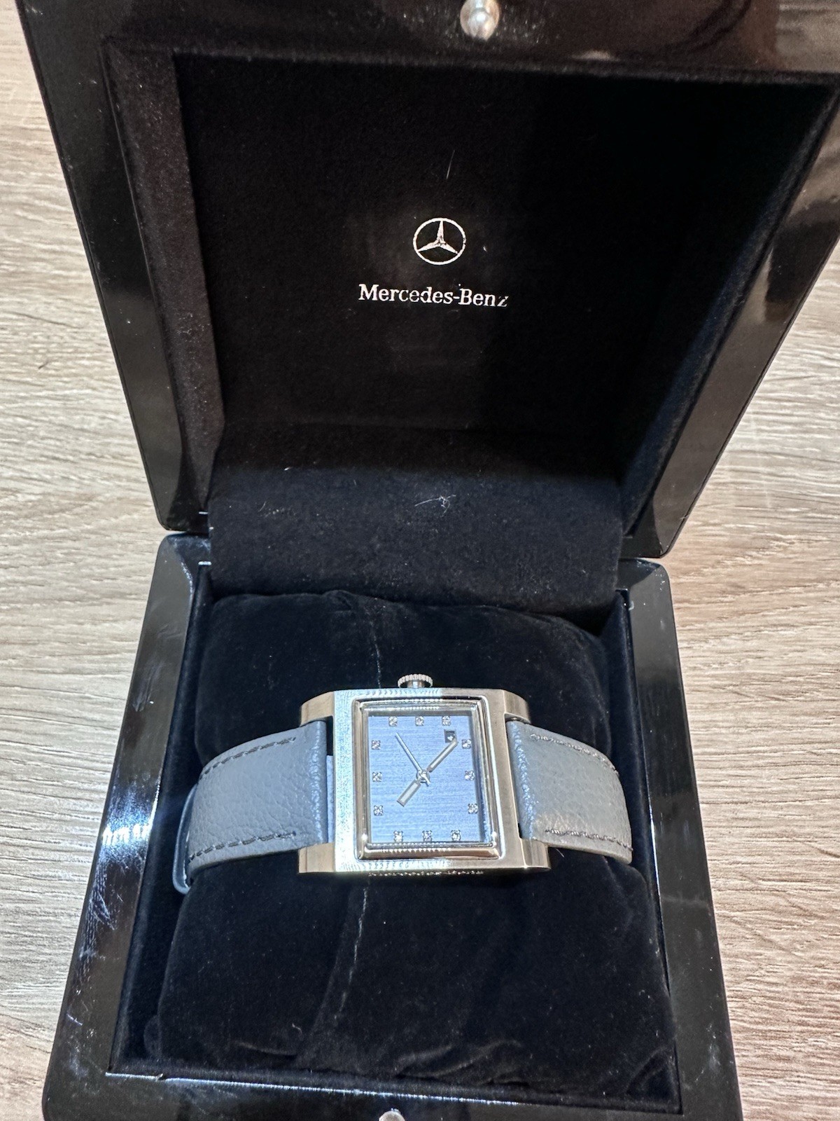 Mercedes-Benz Quartz Rectangle Blue Dial Diamond Markers Gray Leather Watch Box