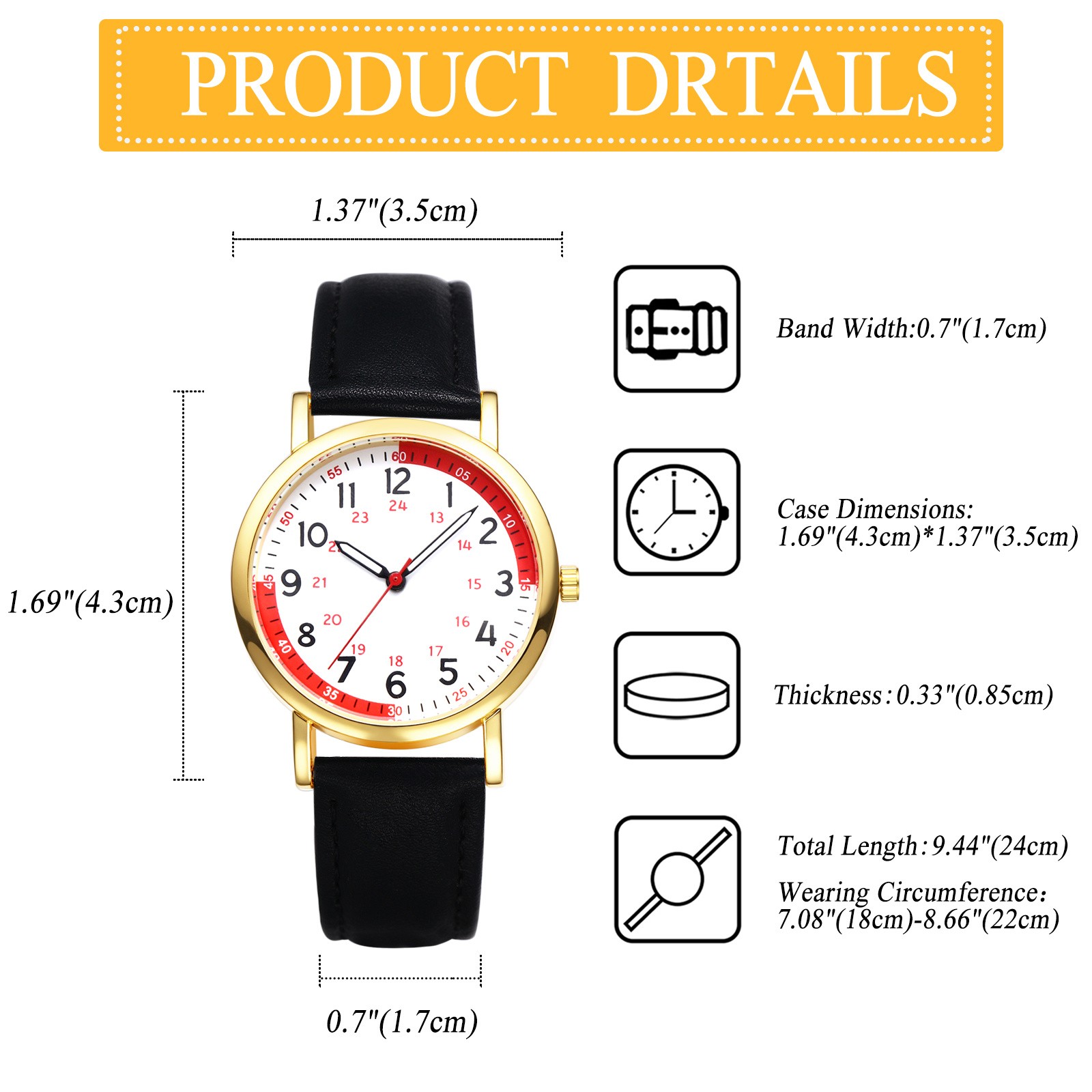 Womens Men Leather Band Easy Reader 24H/12H Dial Pulse Calculation Medical Watch