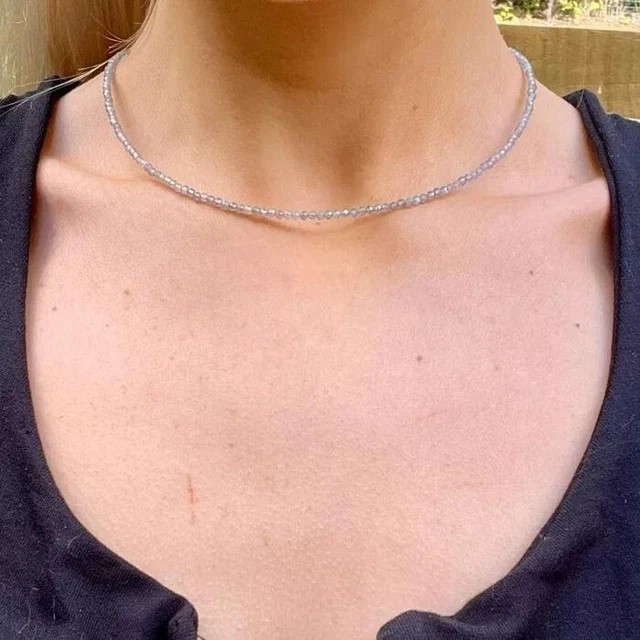 Natural Labradorite Moonstone 4mm Round Beaded Choker Minimalist Dainty Necklace