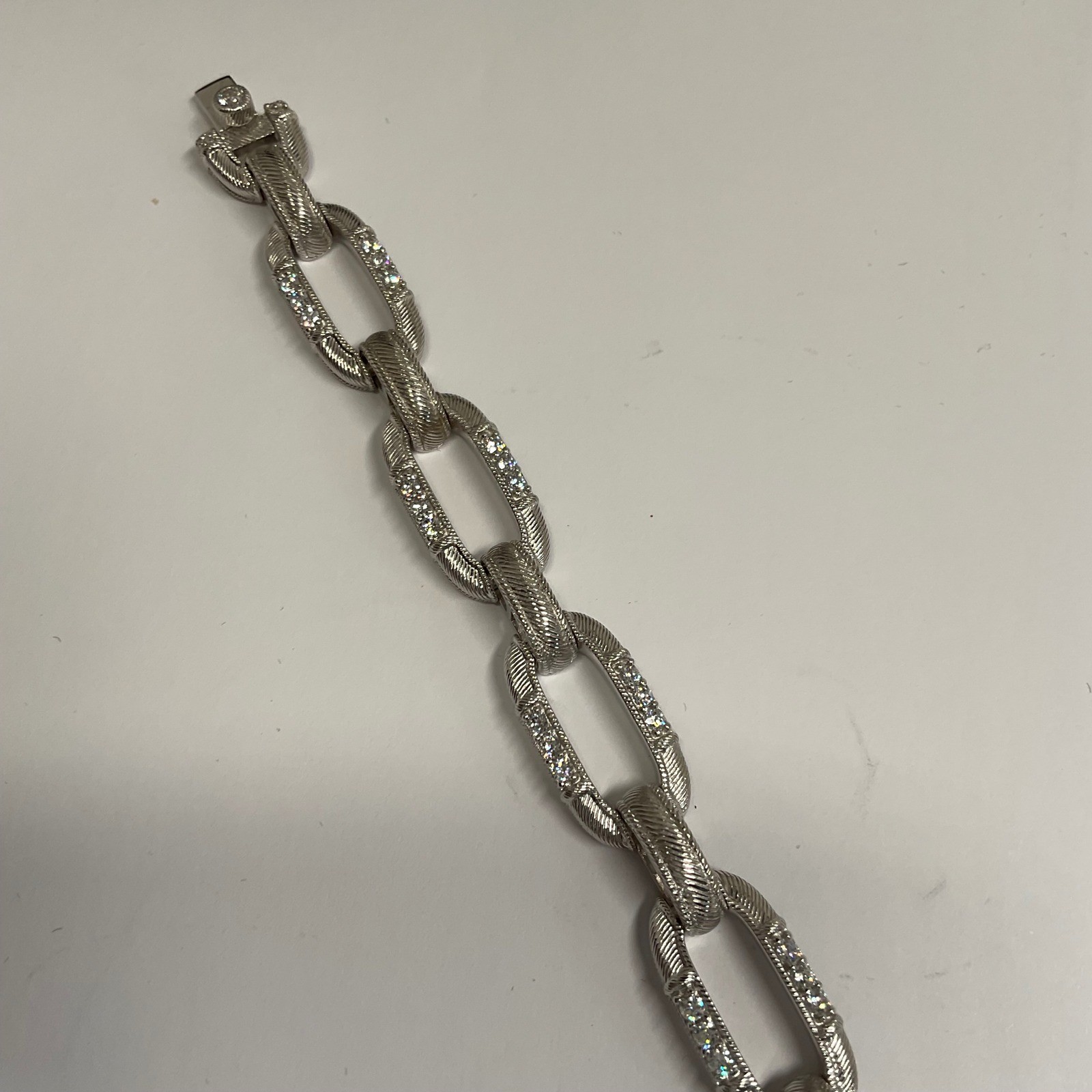 Judith Ripka Sterling Silver CZ Berge Textured Oval Link Bracelet 7.25in