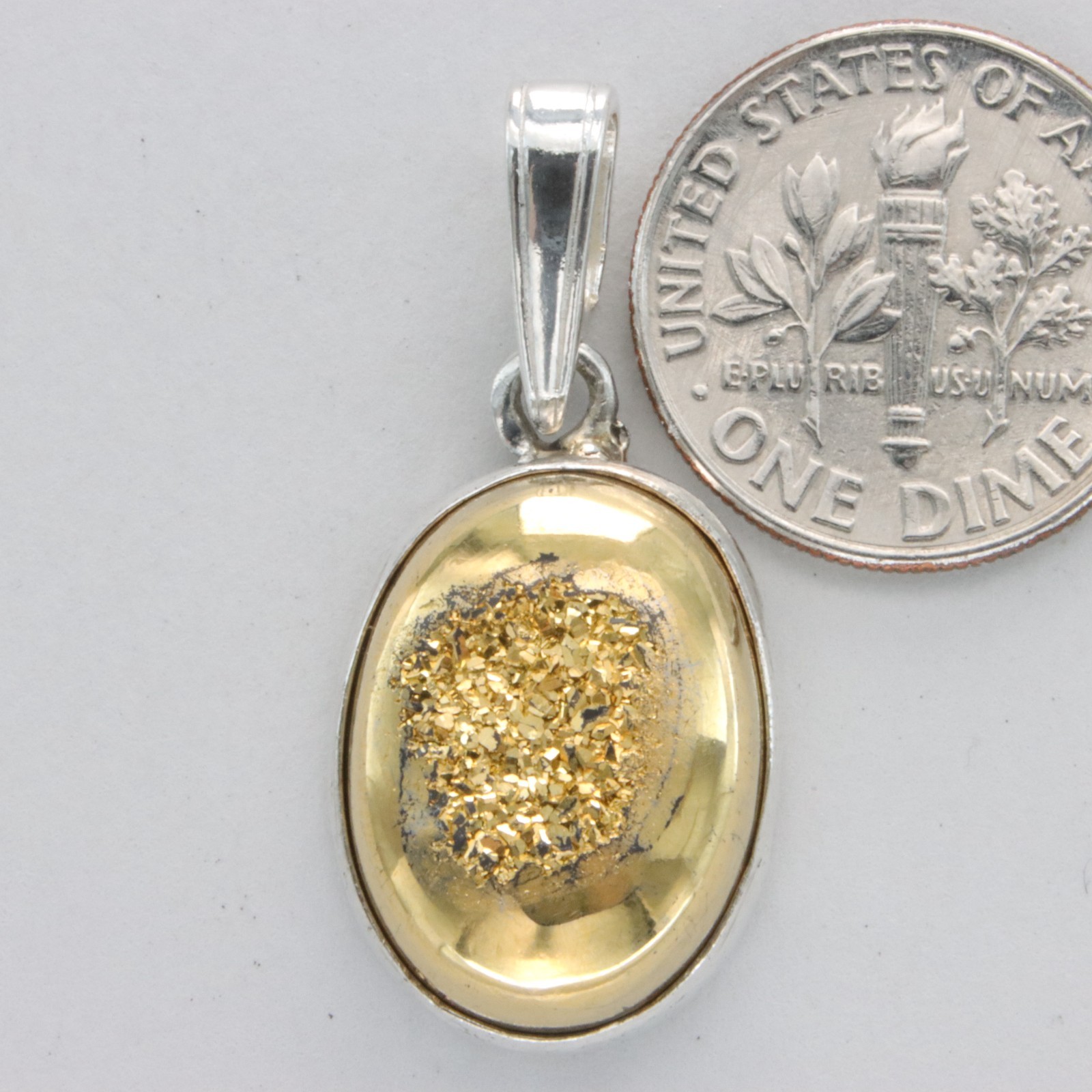 Golden DRUZY DRUSY Druse QUARTZ Oval Pendant – 925 STERLING SILVER Necklace #18e