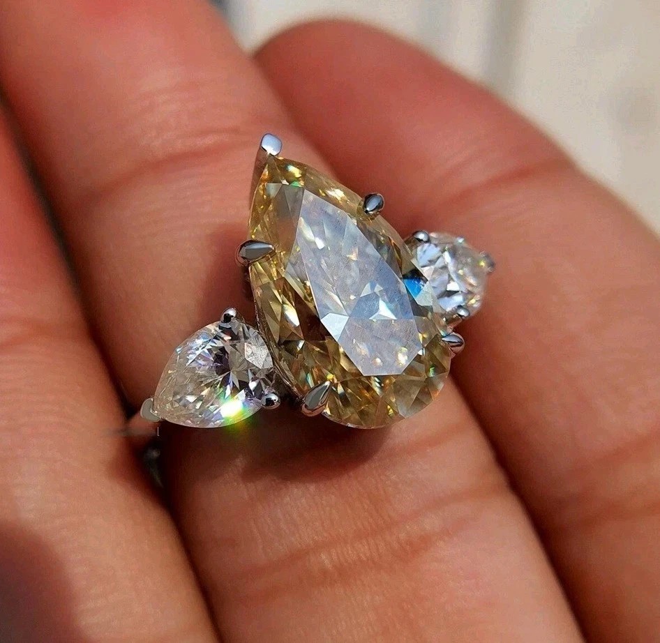 3Ct Created Pear Cut Wedding Ring 925 Silver Three Stone Champagne Diamonds Ring