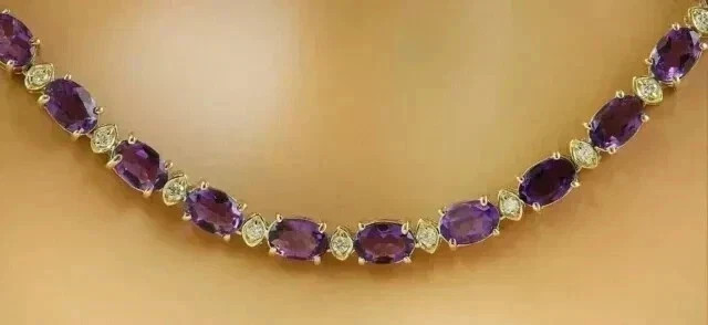 20TCW Oval Lab Created Amethyst & Diamond Tennis Necklace 14k Yellow Gold Plated