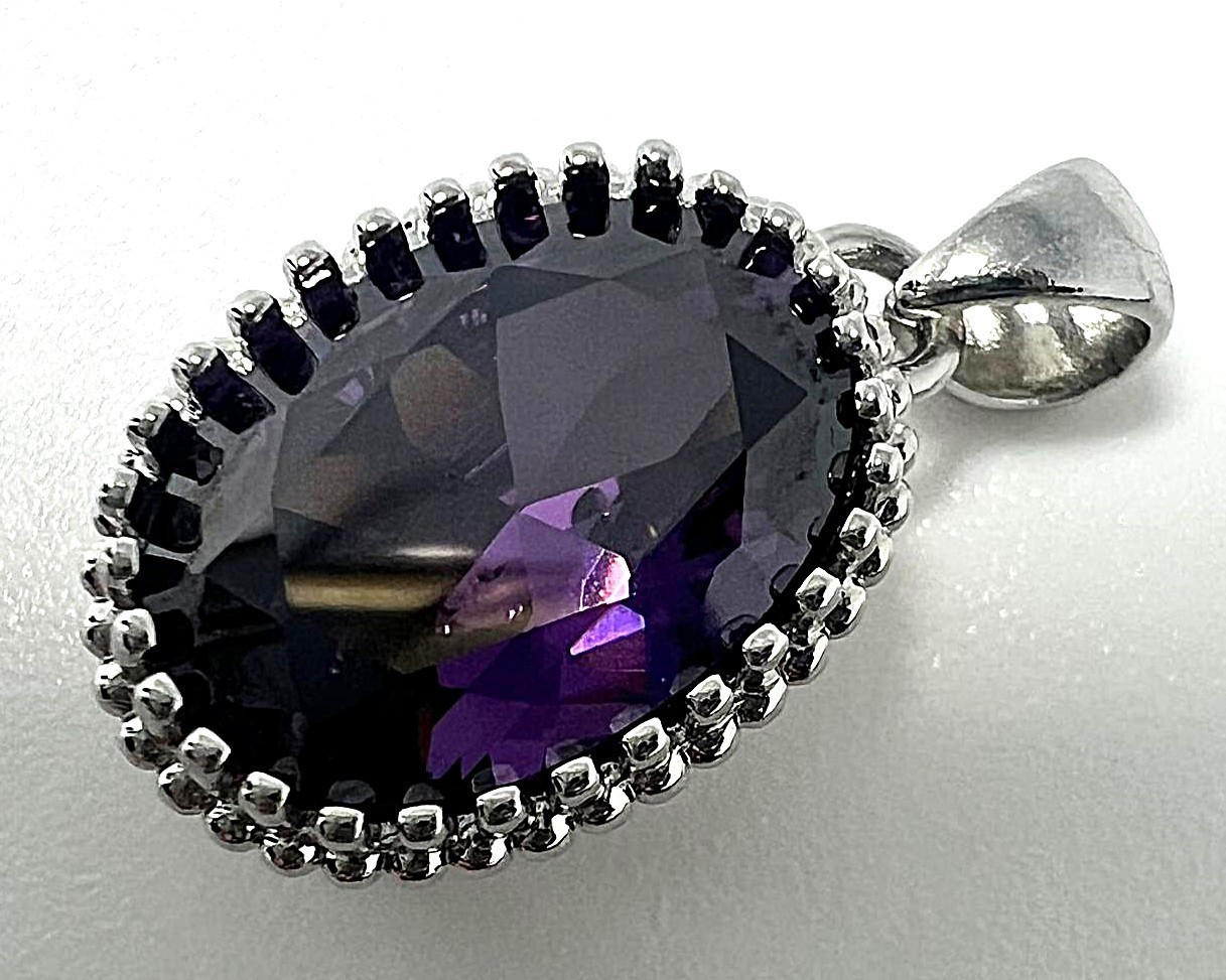 Elegant Amethyst Pendant 925 Silver, Oval Faceted, Italy Vintage