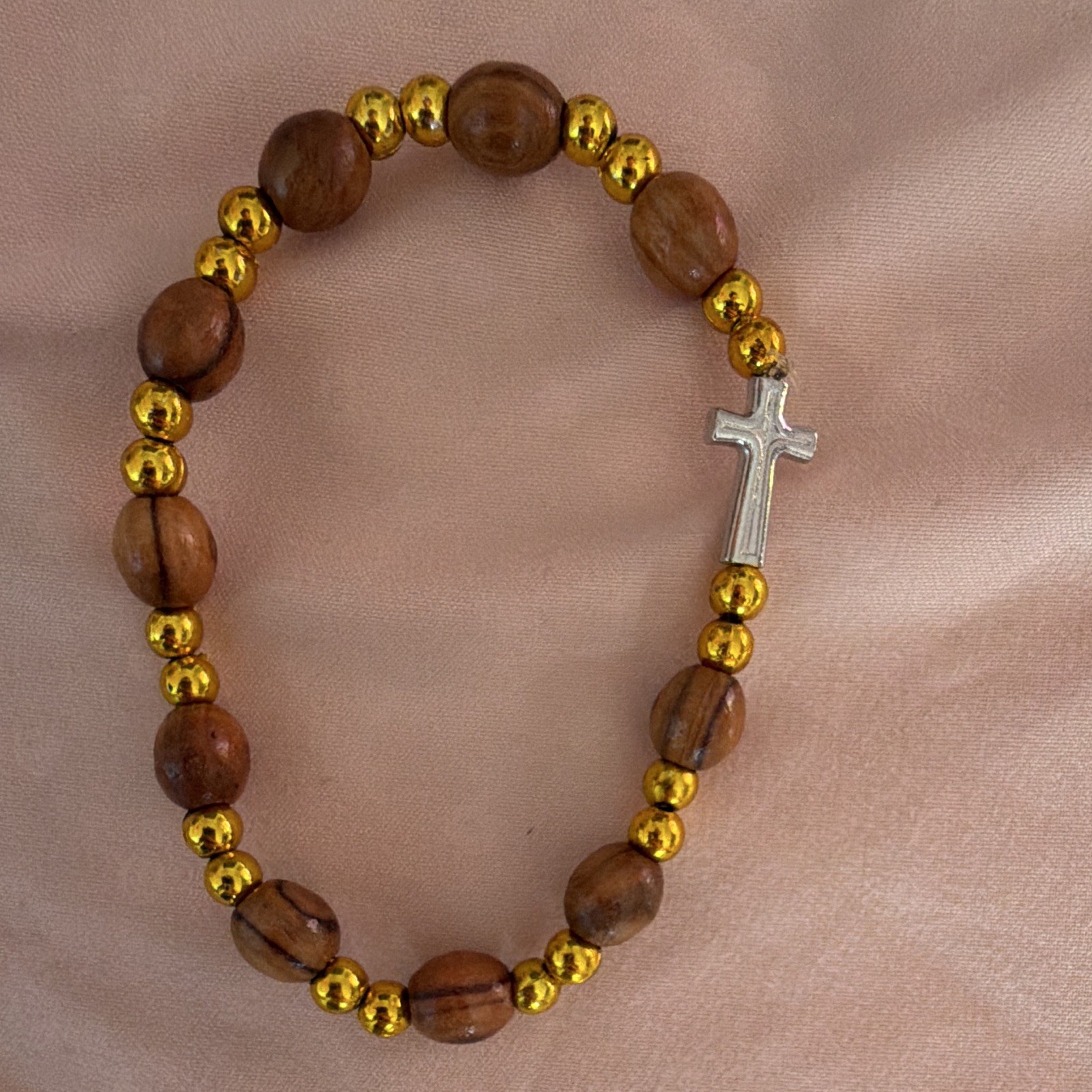 Brown Wood & Gold Tone Beaded Stretch Bracelet Religious Cross Dangle Charm