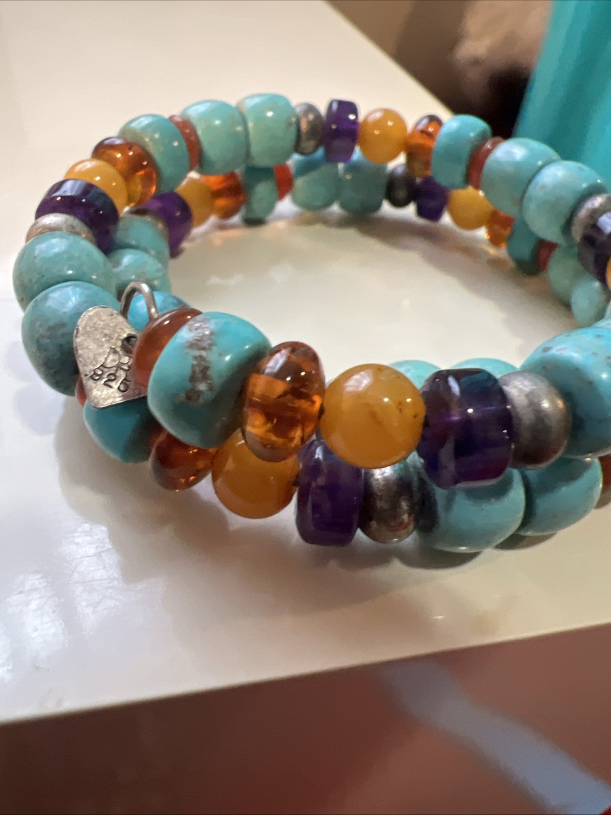Vtg Mine Finds Jay King Sterling Silver Amber Turquoise Amethyst Memory Bracelet