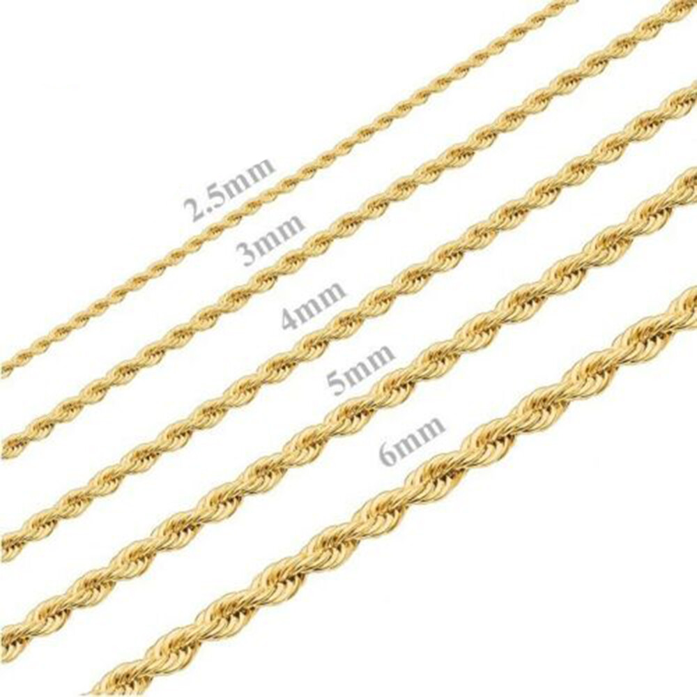 18K Gold Plated Men Rope Chain 18″ 20″ 22″ 24″ 26″ 28″ 30″ Lngh 2.5-6MM WTH K317